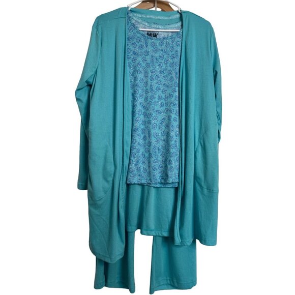 Muk Luks Three Piece Lounge Wear Set Size PM Aqua Stretch Pocket Shirt Pants Car - Picture 1 of 13